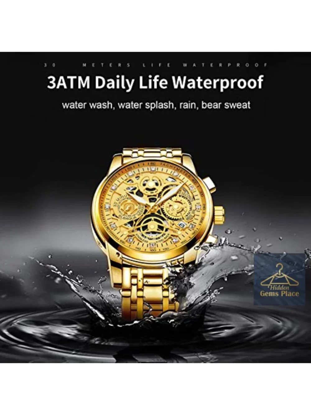 Men's Stainless Steel Quartz Watch, Skeleton Dial Chronograph, 3ATM Waterproof